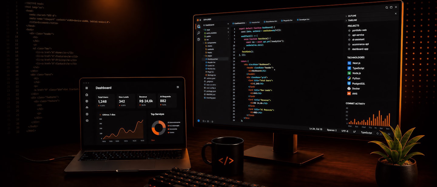 Un portátil y un monitor que muestran código de software y paneles de control empresariales.