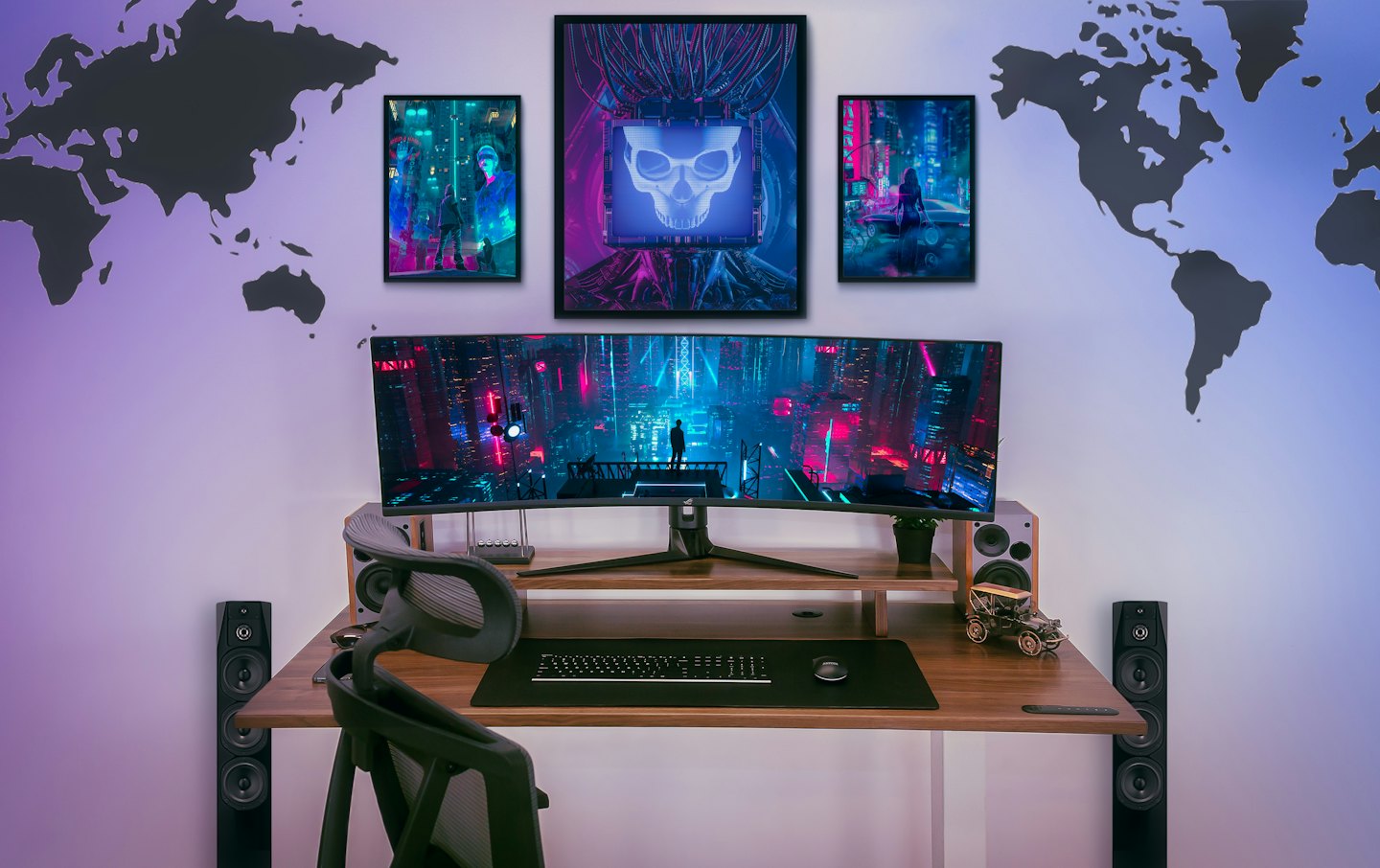 Un monitor curvo ultrawide muestra una ciudad ciberpunk.